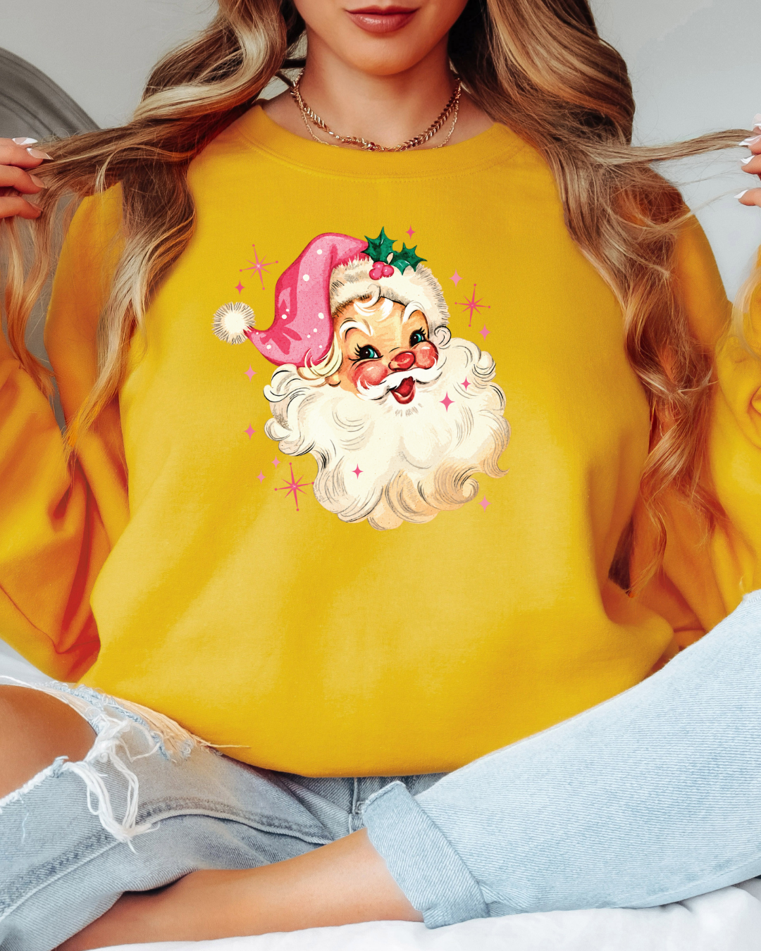 Vintage-Style Pink Santa Tee or Crew Sweatshirt