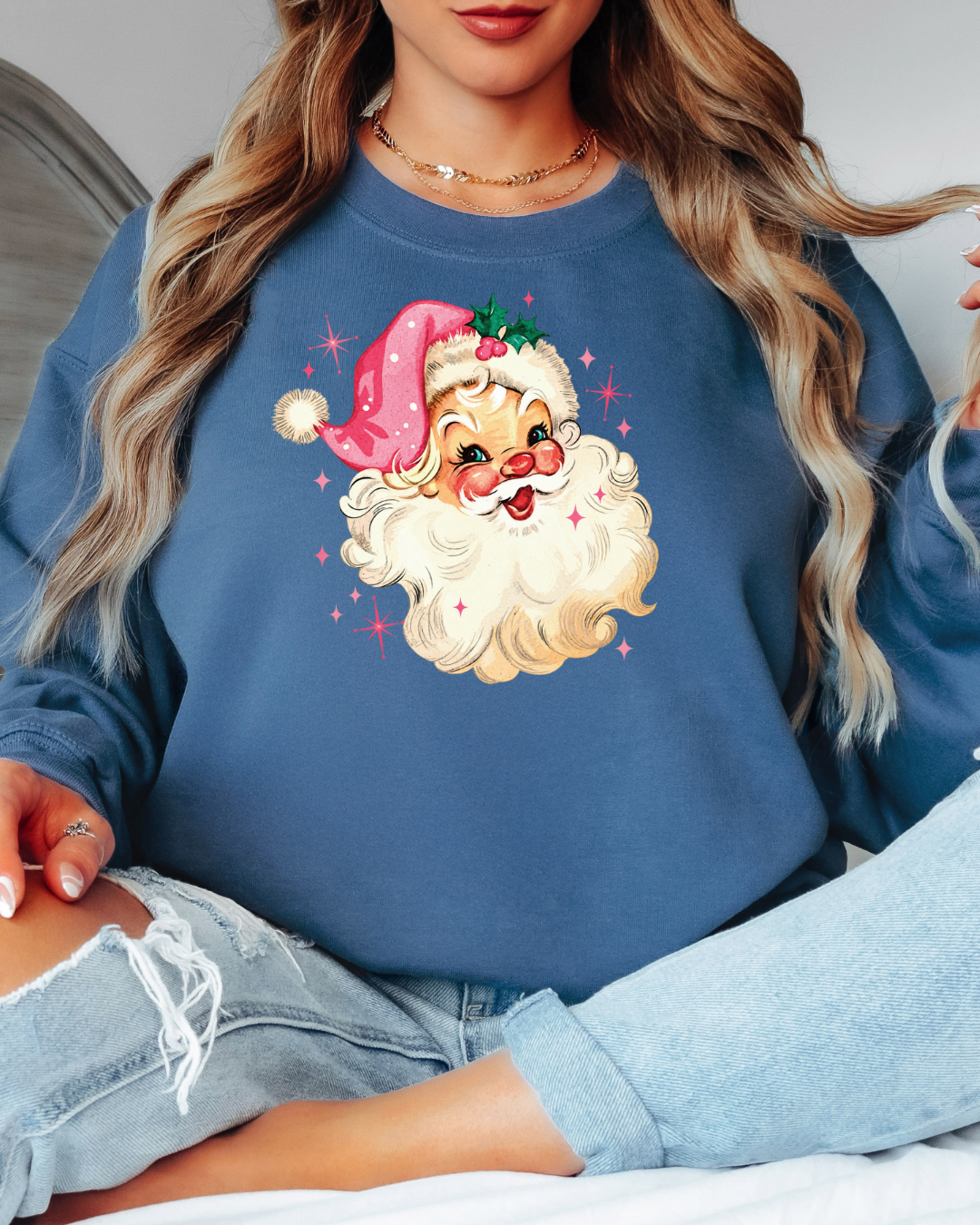 Vintage-Style Pink Santa Tee or Crew Sweatshirt