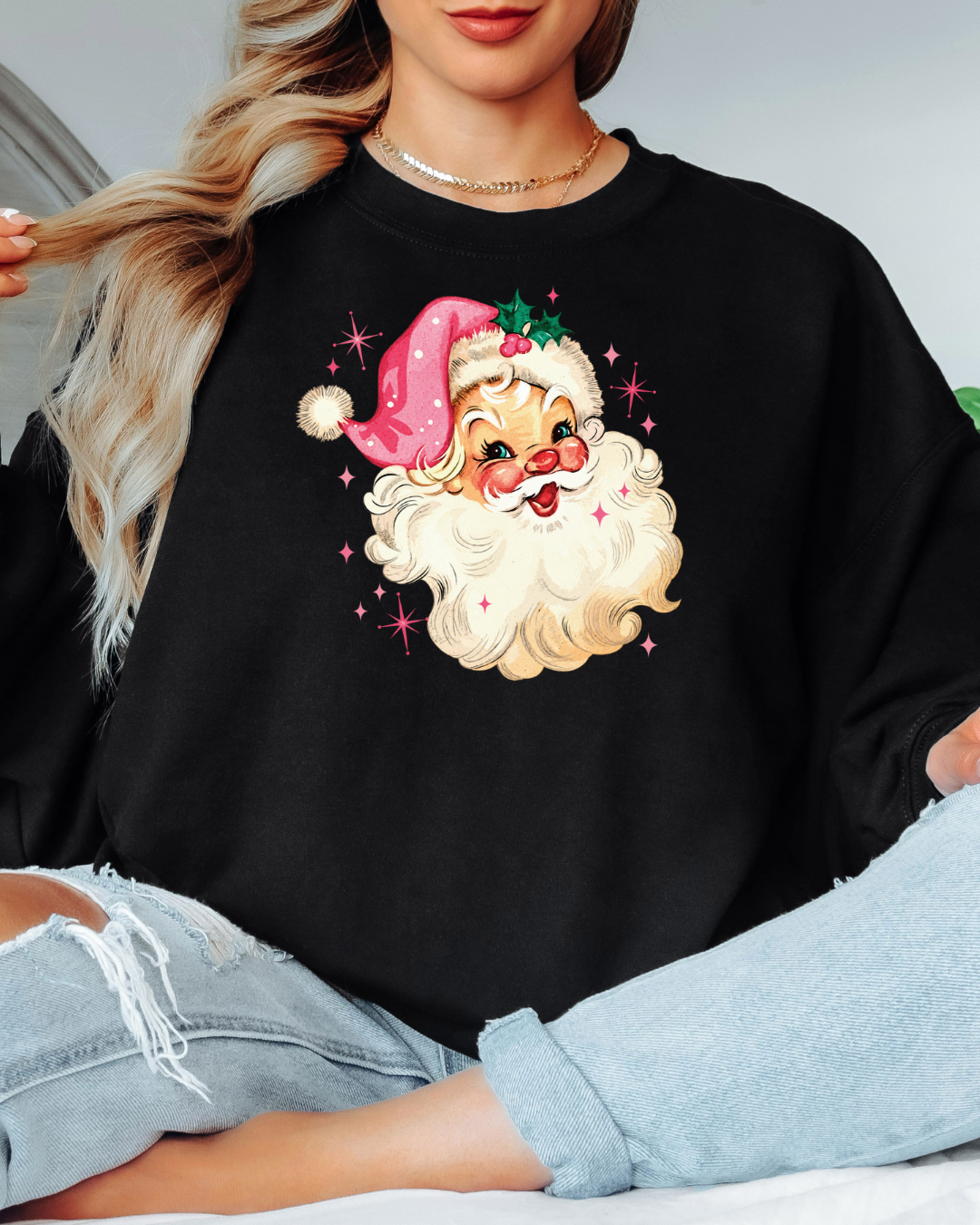 Vintage-Style Pink Santa Tee or Crew Sweatshirt
