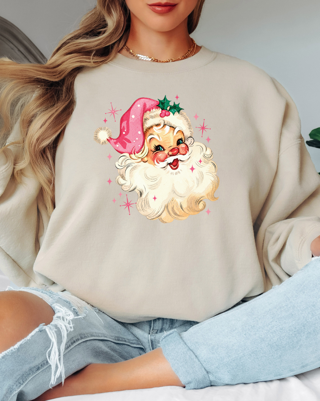 Vintage-Style Pink Santa Tee or Crew Sweatshirt