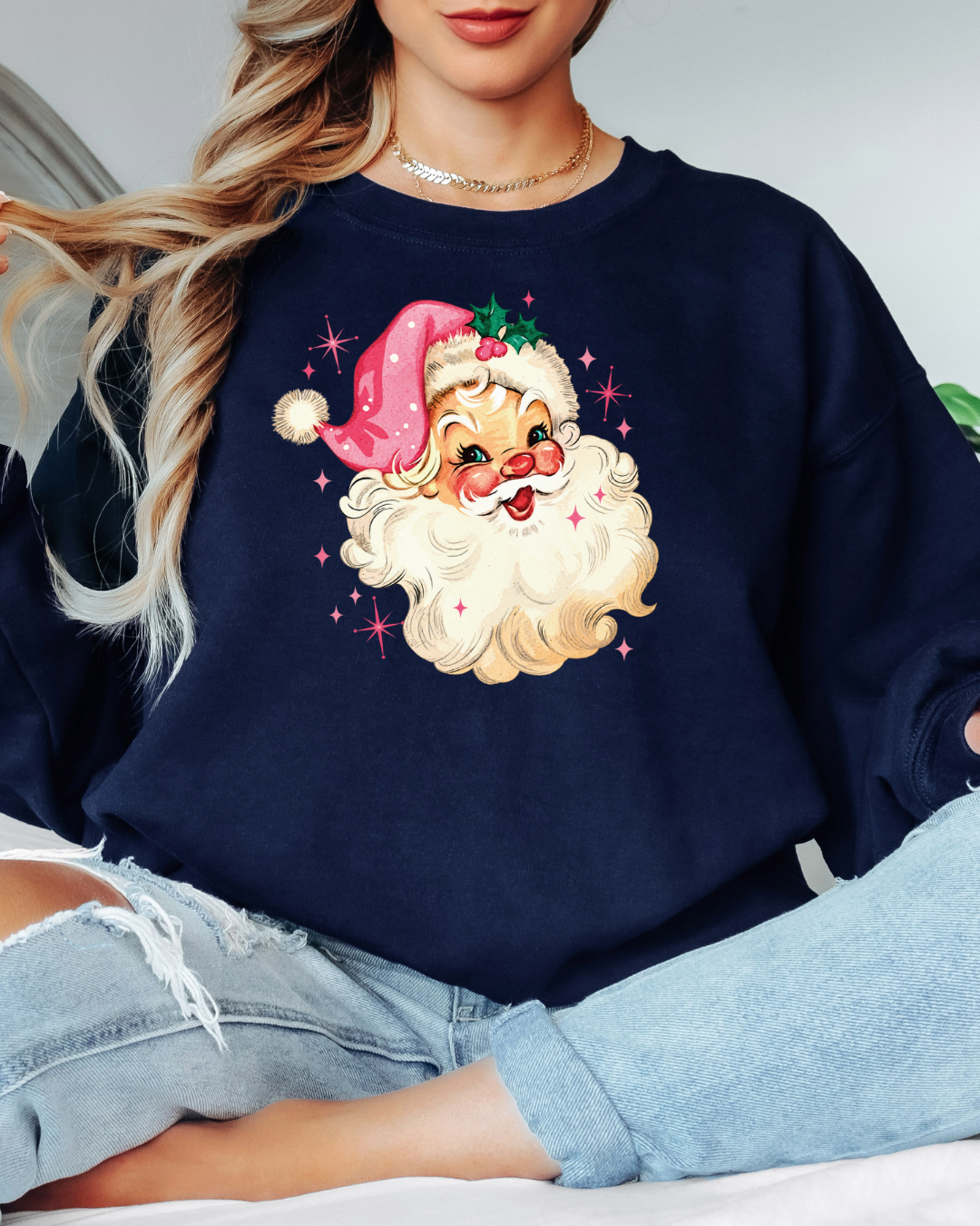 Vintage-Style Pink Santa Tee or Crew Sweatshirt