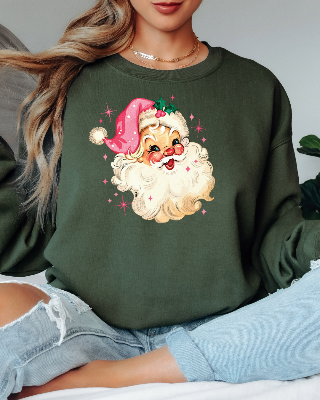 Vintage-Style Pink Santa Tee or Crew Sweatshirt