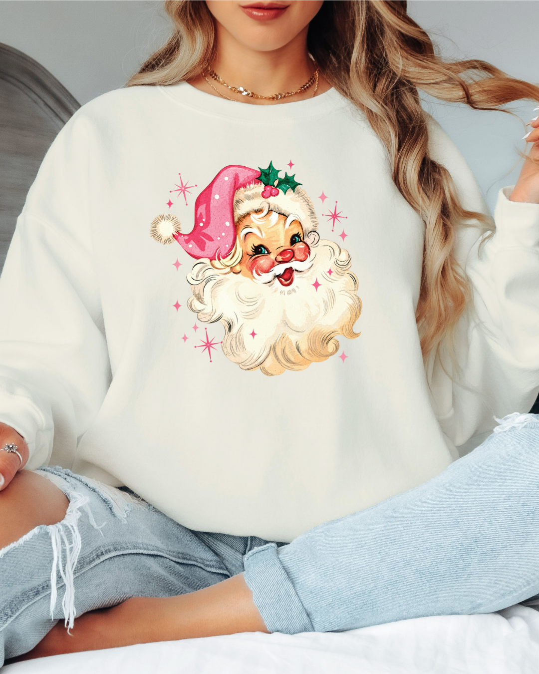 Vintage-Style Pink Santa Tee or Crew Sweatshirt