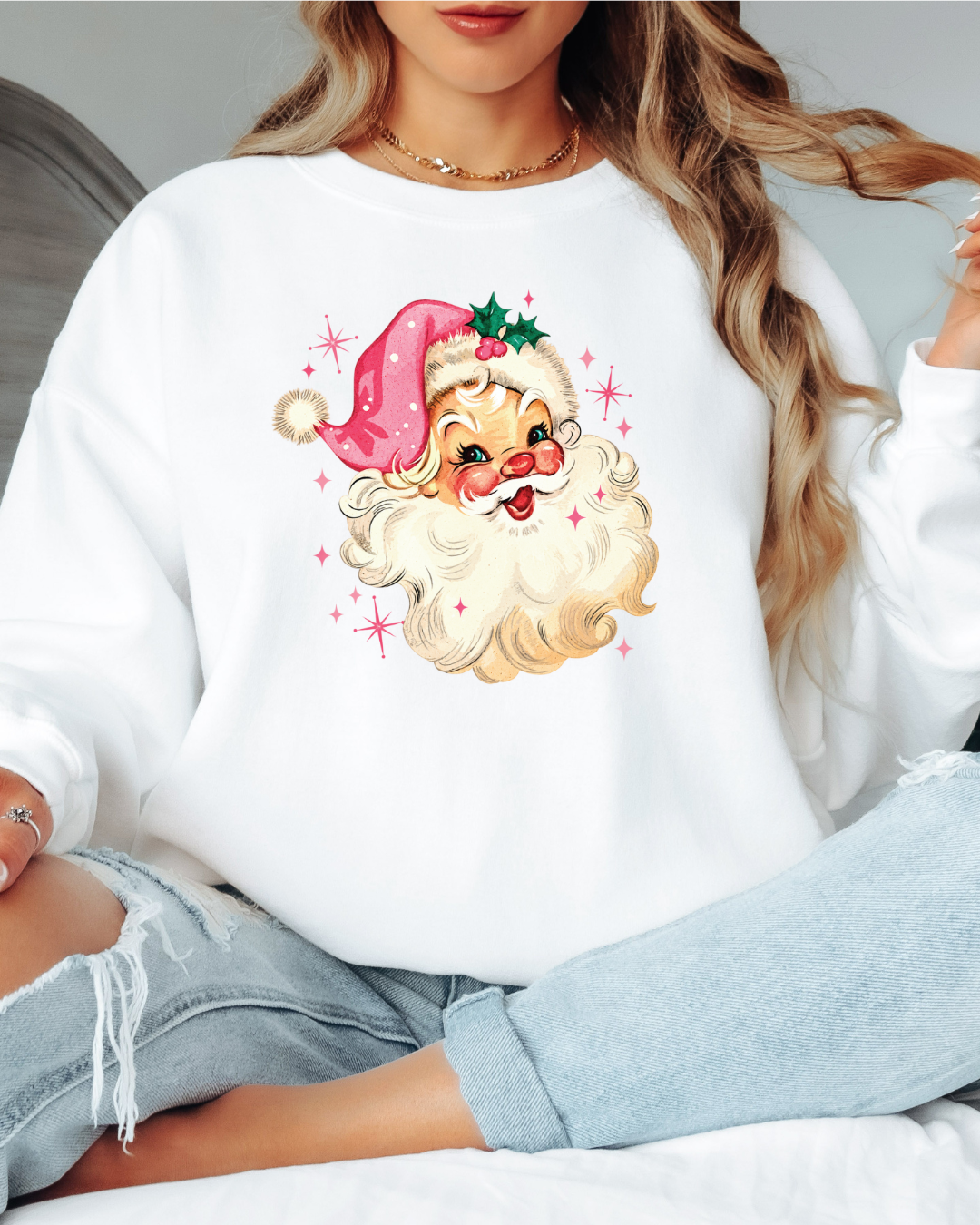 Vintage-Style Pink Santa Tee or Crew Sweatshirt