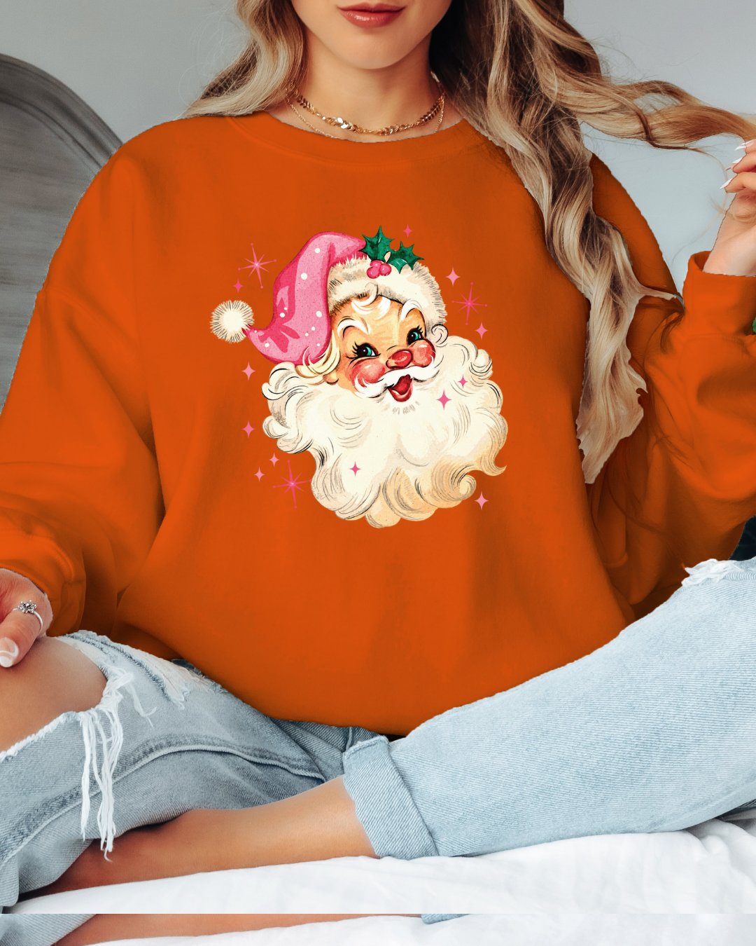 Vintage-Style Pink Santa Tee or Crew Sweatshirt