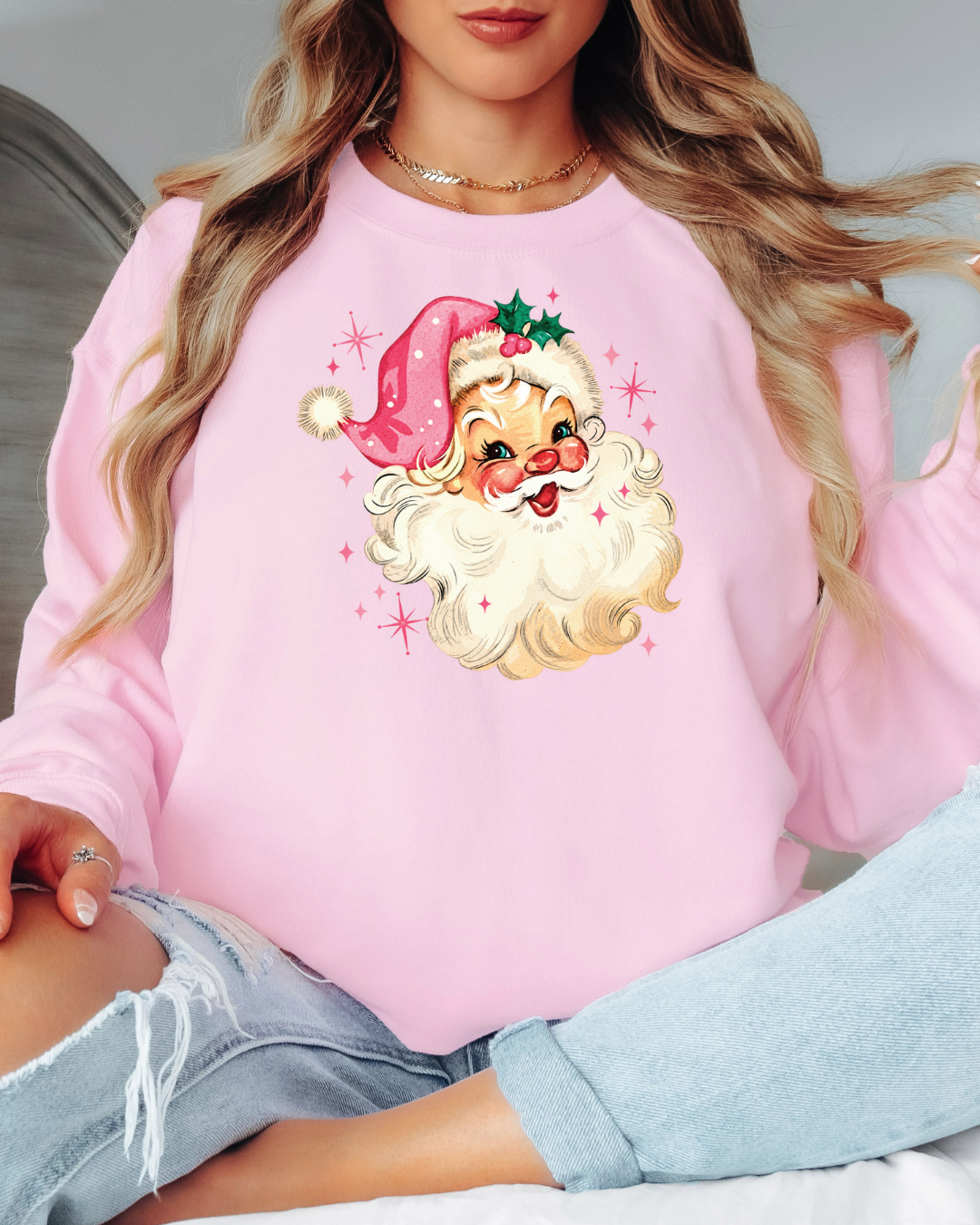 Vintage-Style Pink Santa Tee or Crew Sweatshirt