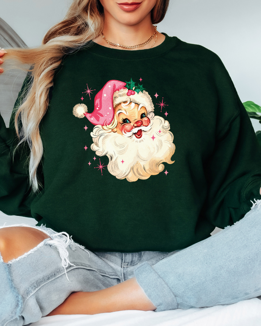 Vintage-Style Pink Santa Tee or Crew Sweatshirt