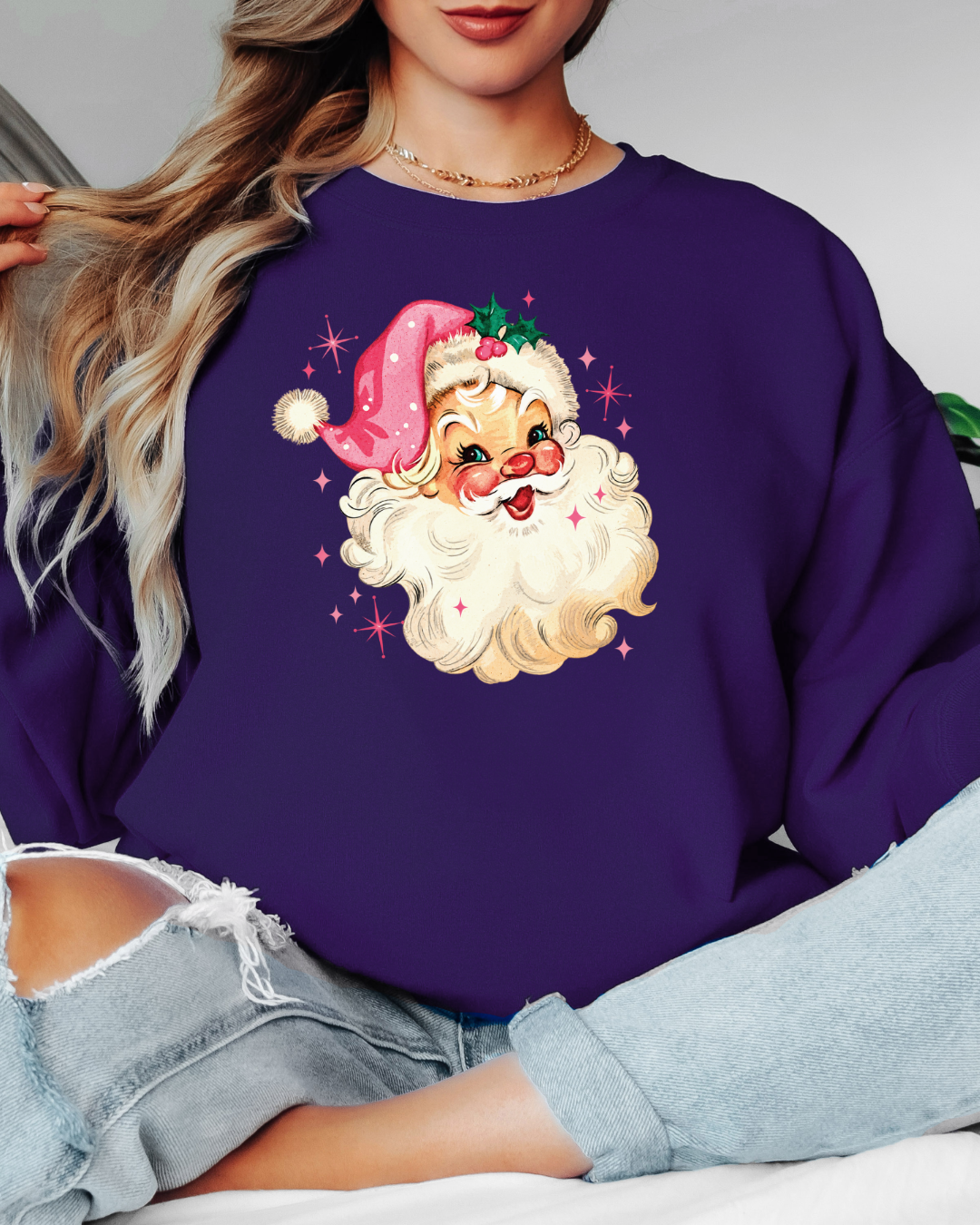 Vintage-Style Pink Santa Tee or Crew Sweatshirt