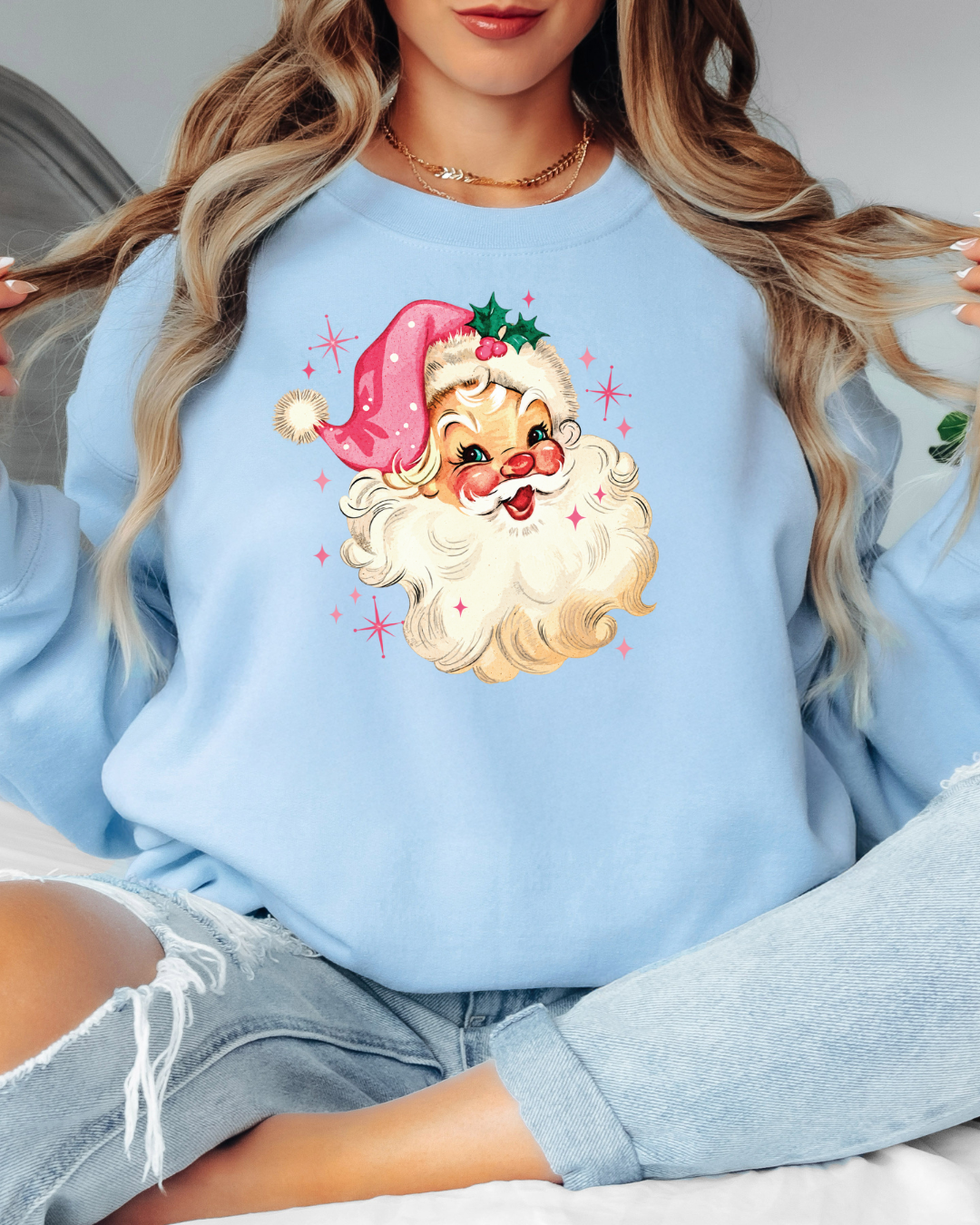 Vintage-Style Pink Santa Tee or Crew Sweatshirt