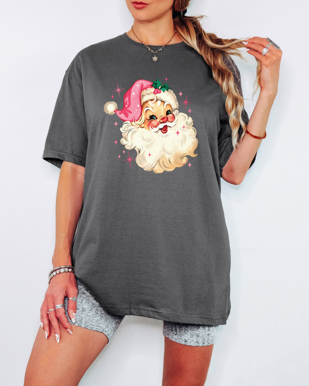 Vintage-Style Pink Santa Tee or Crew Sweatshirt