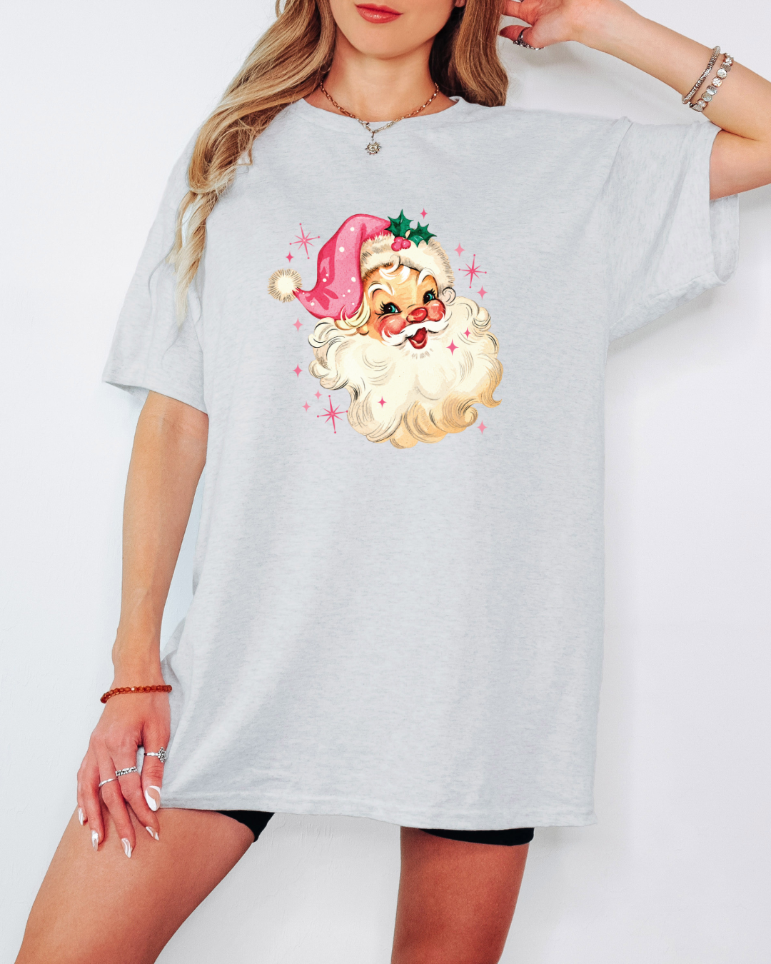 Vintage-Style Pink Santa Tee or Crew Sweatshirt