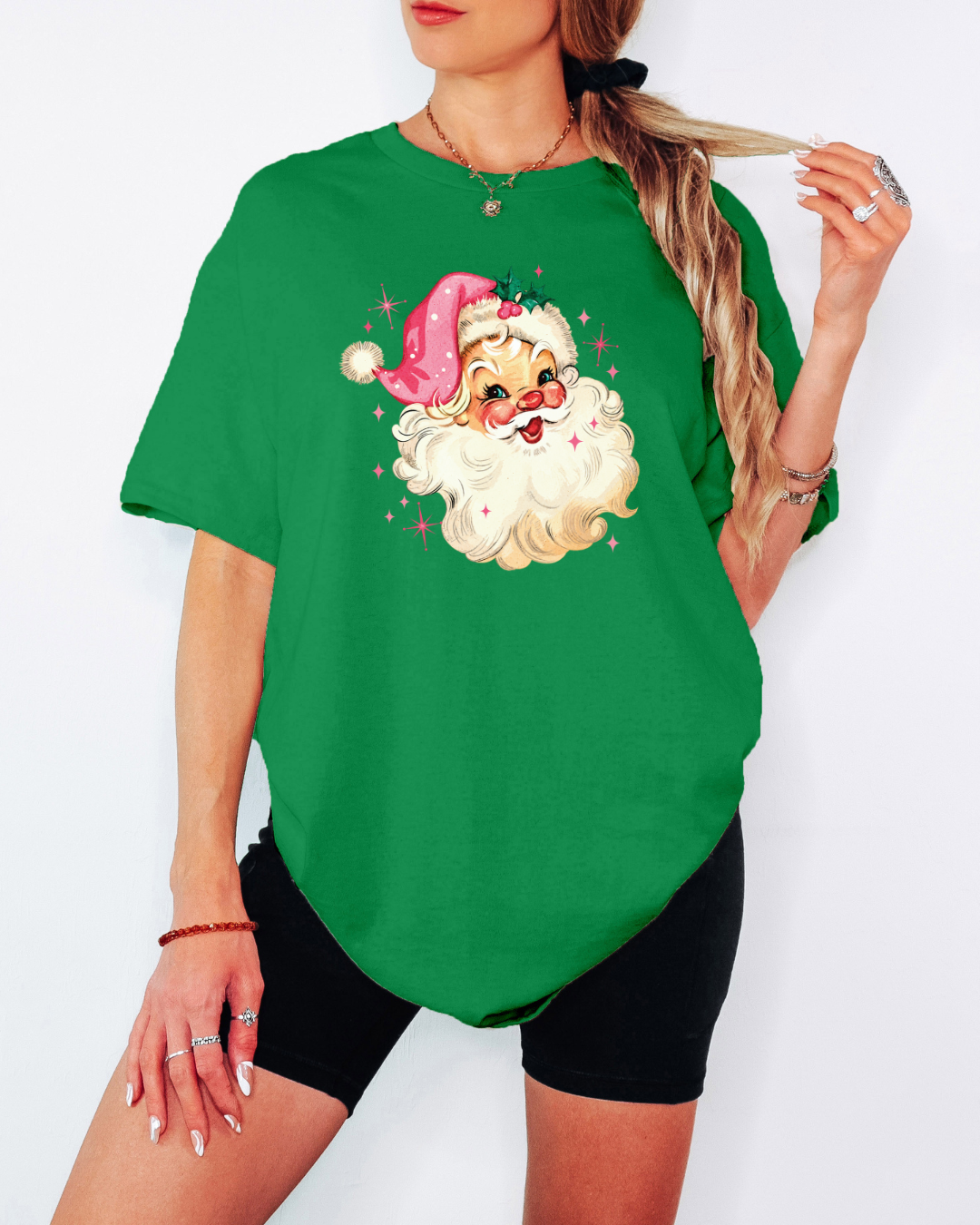 Vintage-Style Pink Santa Tee or Crew Sweatshirt