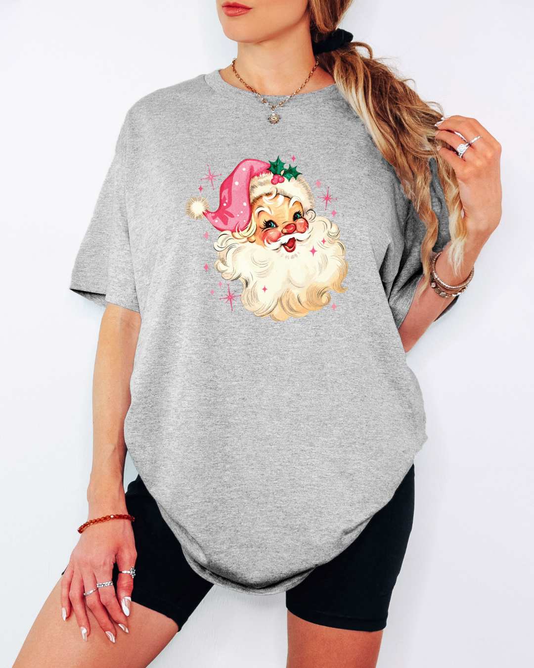 Vintage-Style Pink Santa Tee or Crew Sweatshirt