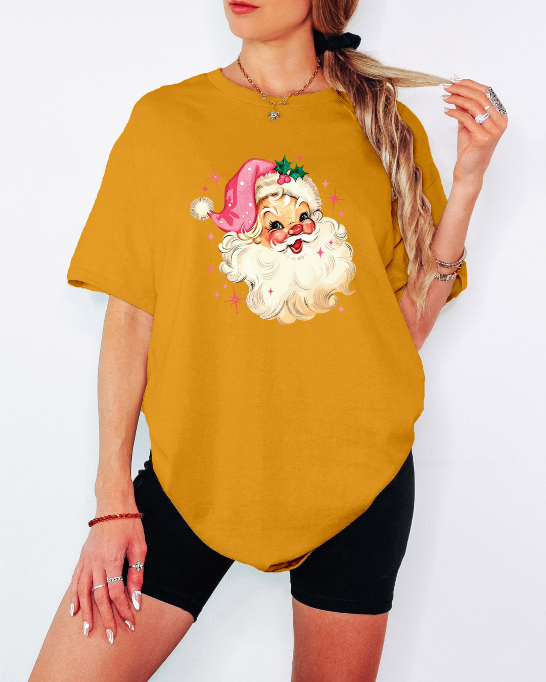 Vintage-Style Pink Santa Tee or Crew Sweatshirt
