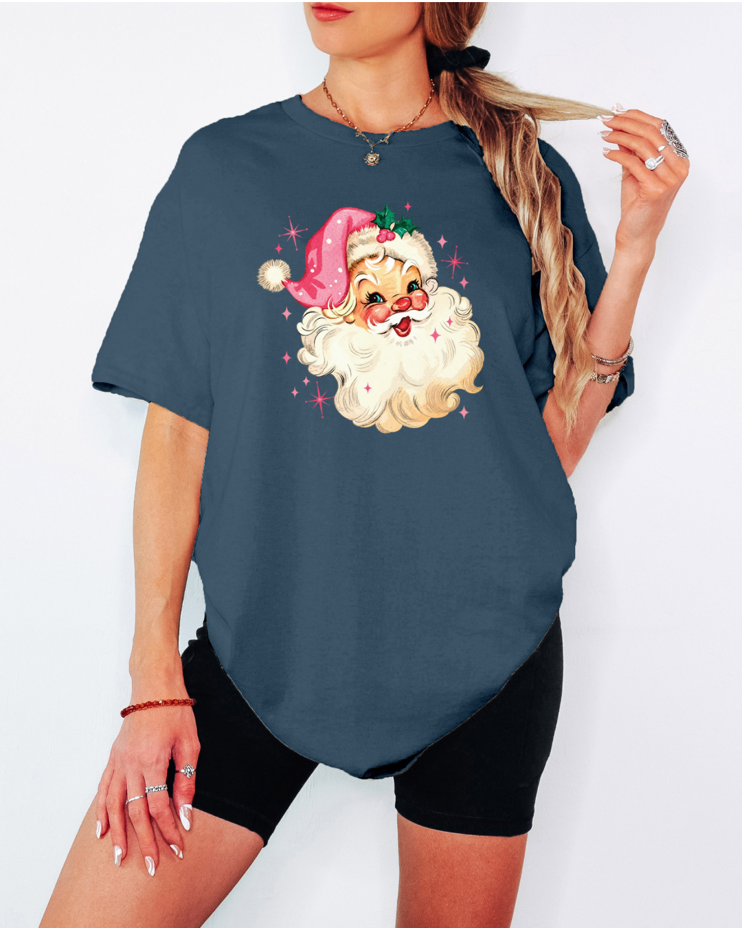 Vintage-Style Pink Santa Tee or Crew Sweatshirt