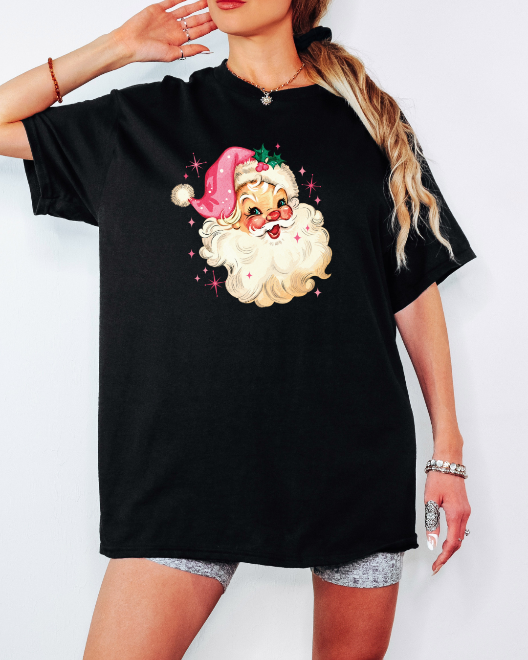 Vintage-Style Pink Santa Tee or Crew Sweatshirt