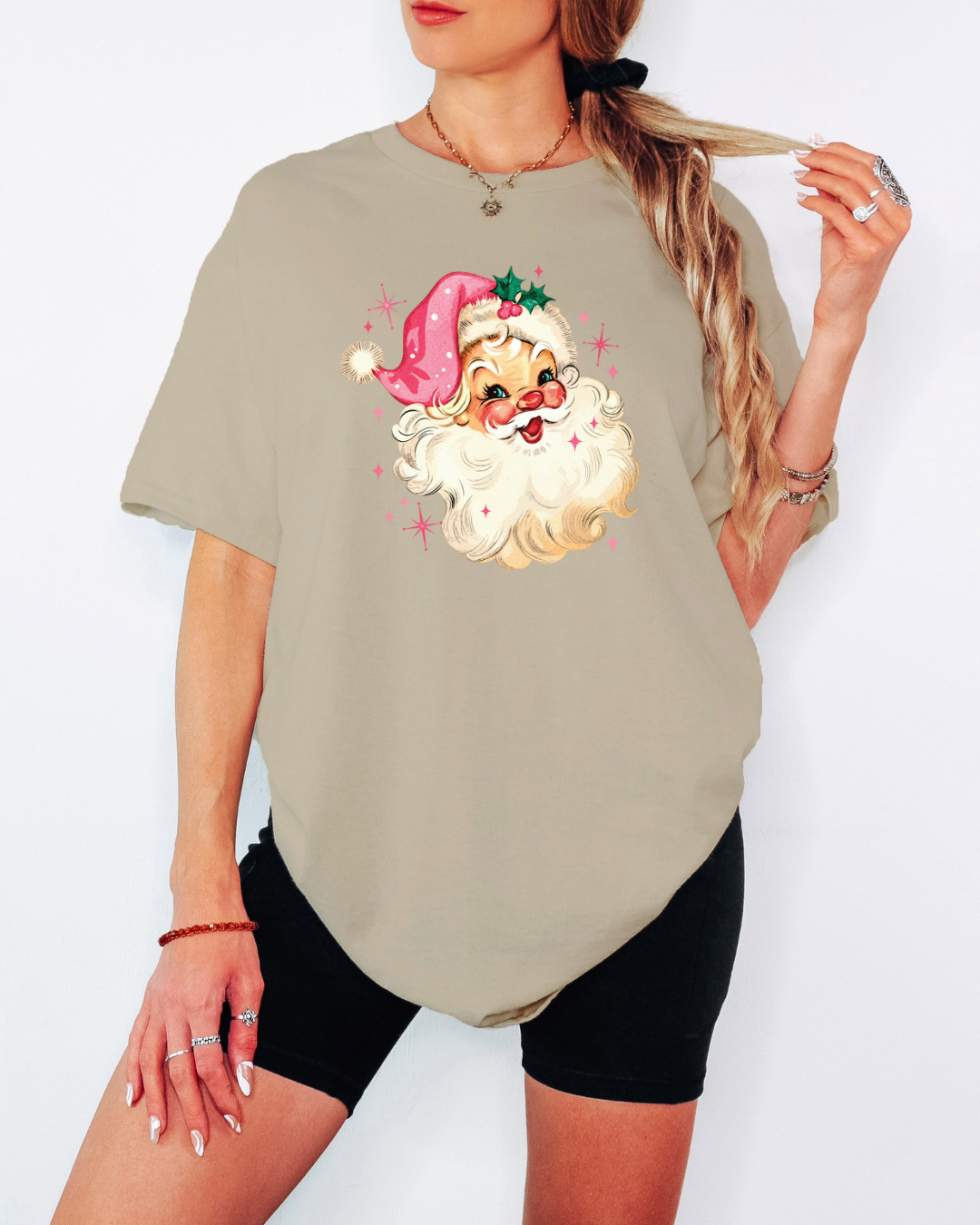 Vintage-Style Pink Santa Tee or Crew Sweatshirt