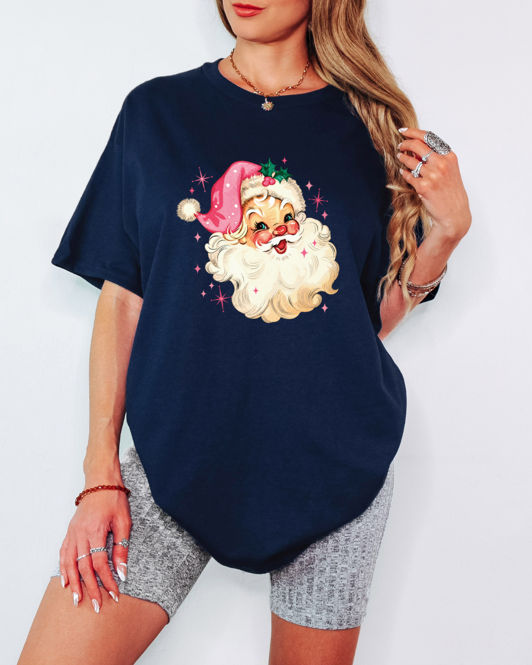 Vintage-Style Pink Santa Tee or Crew Sweatshirt