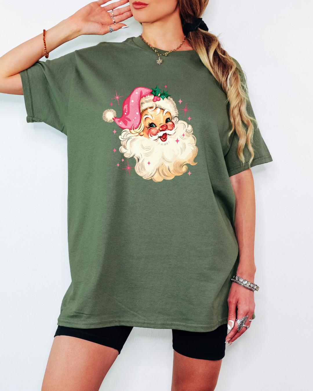 Vintage-Style Pink Santa Tee or Crew Sweatshirt