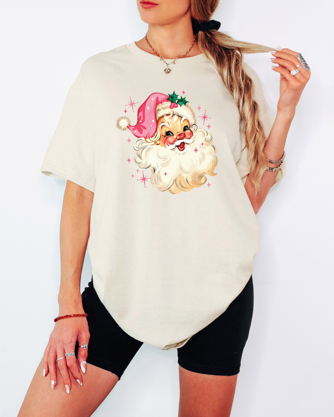 Vintage-Style Pink Santa Tee or Crew Sweatshirt