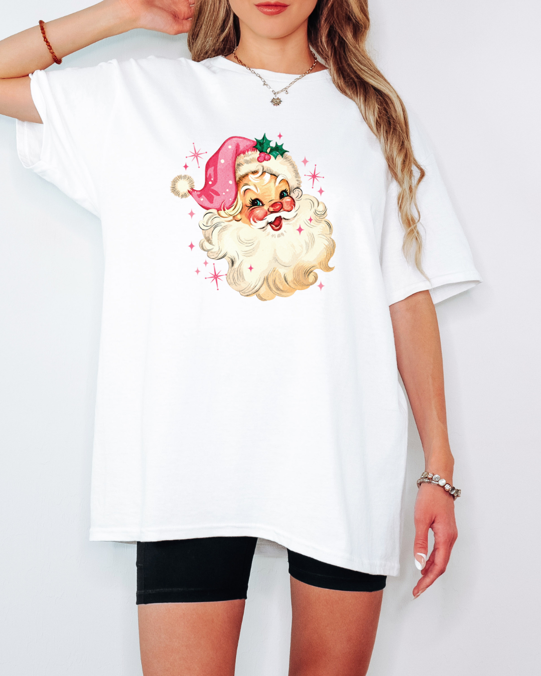 Vintage-Style Pink Santa Tee or Crew Sweatshirt