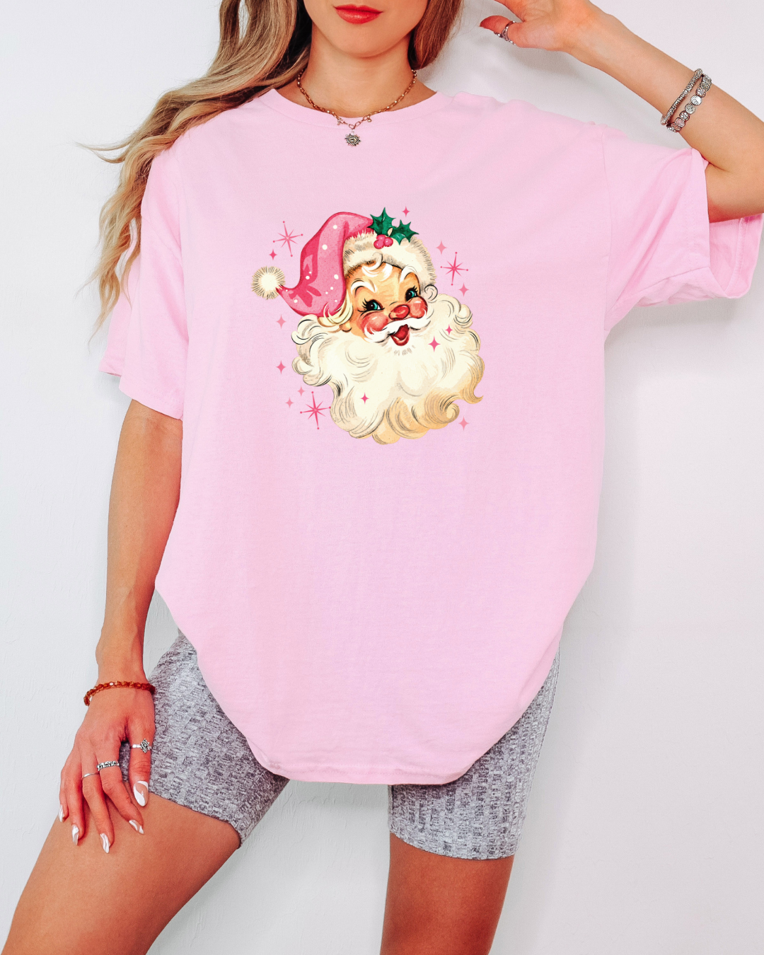 Vintage-Style Pink Santa Tee or Crew Sweatshirt