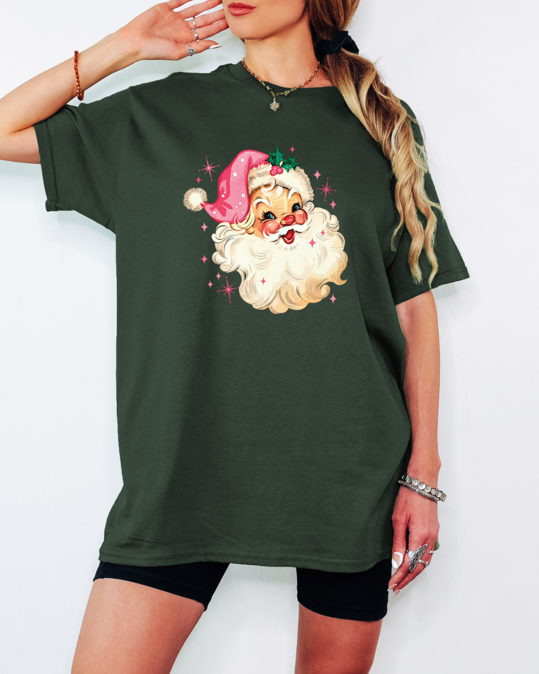 Vintage-Style Pink Santa Tee or Crew Sweatshirt