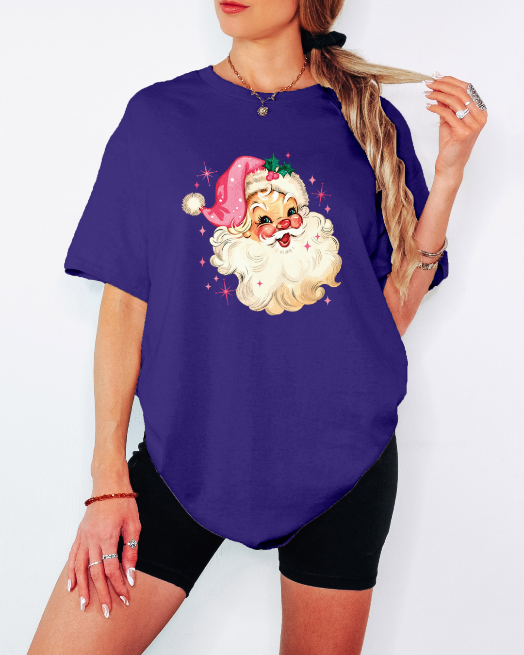 Vintage-Style Pink Santa Tee or Crew Sweatshirt