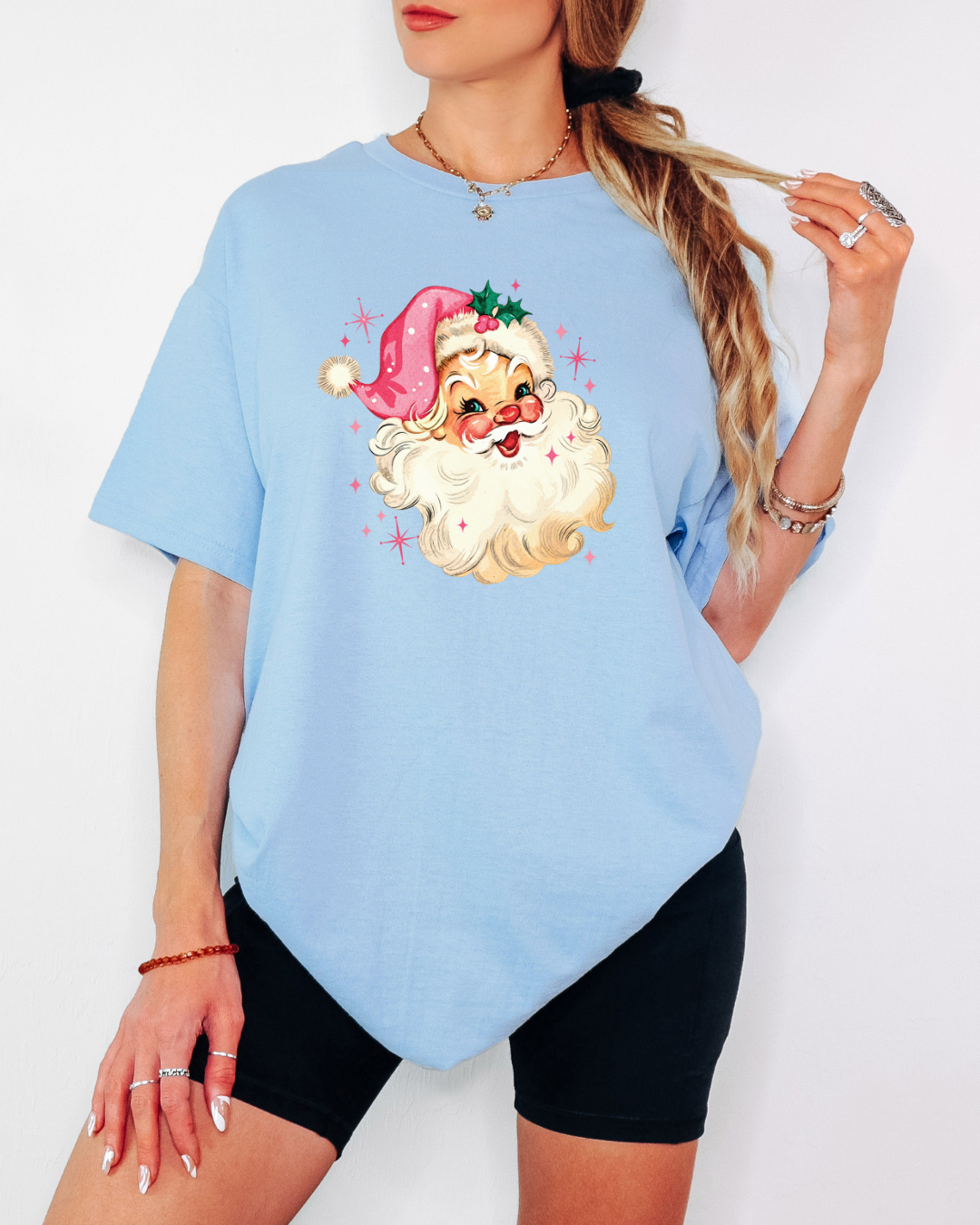 Vintage-Style Pink Santa Tee or Crew Sweatshirt