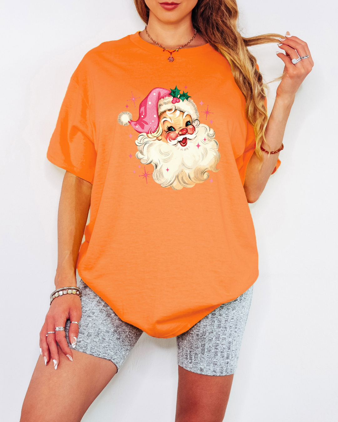 Vintage-Style Pink Santa Tee or Crew Sweatshirt
