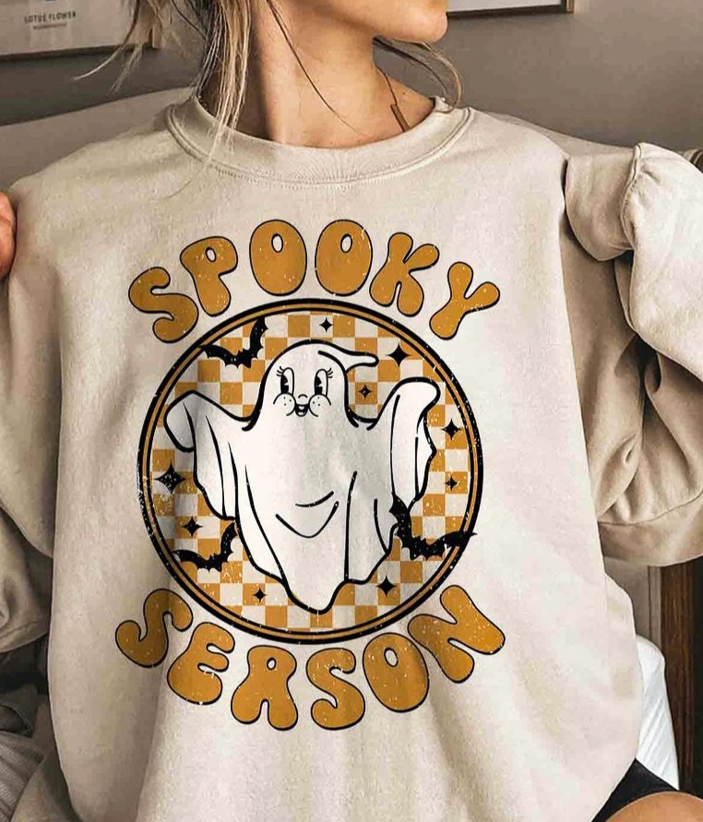 Spooky Season Ghost In Checkered Circle Crew Sweatshirt