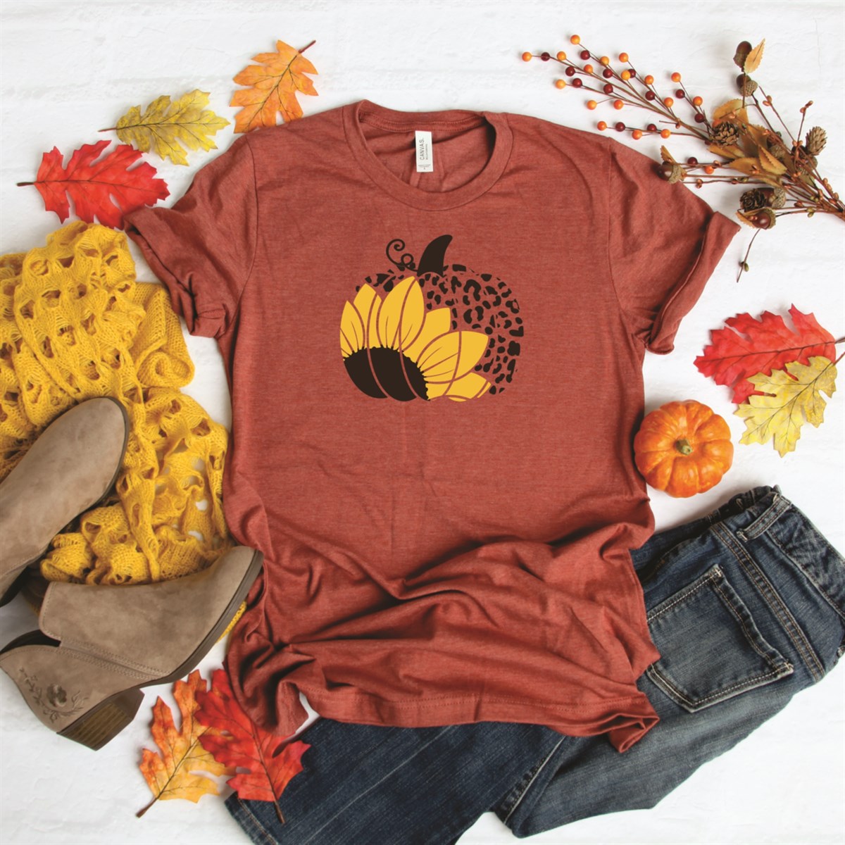Sunflower Leopard-Print Pumpkin T-Shirt or Crew Sweatshirt