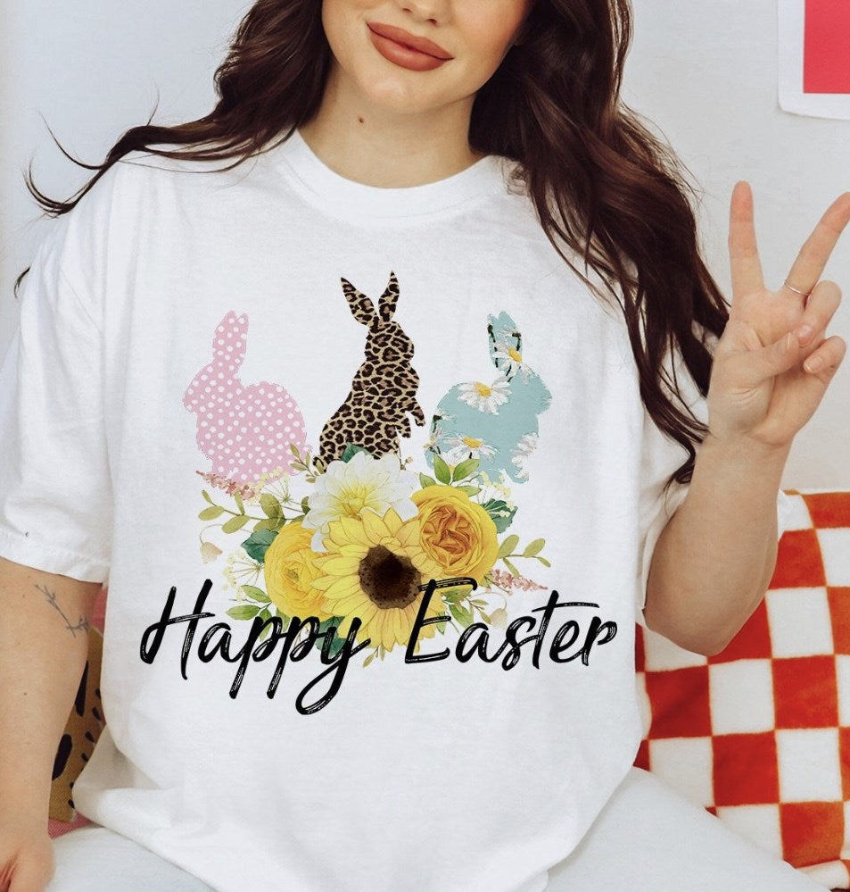 Happy Easter With Floral Bunnies Tee