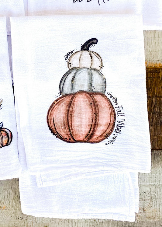 Fall Vibes 3 pumpkins stacked fall kitchen towel