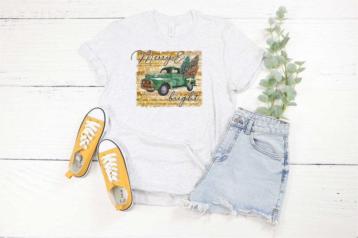 Merry & Bright Green Truck With Christmas Trees & Gold Background Tee