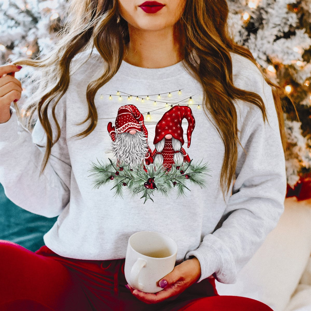 2 Christmas Gnomes With String Lights Crew Sweatshirt