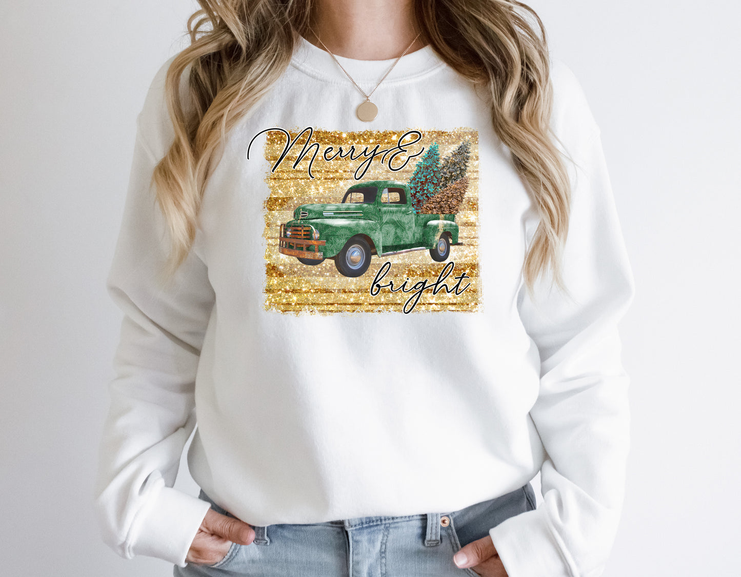Merry & Bright With Green Truck & Gold Background Crew Sweatshirt