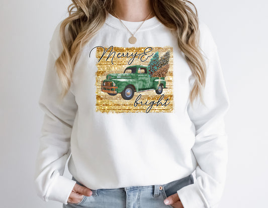 Merry & Bright With Green Truck & Gold Background Crew Sweatshirt