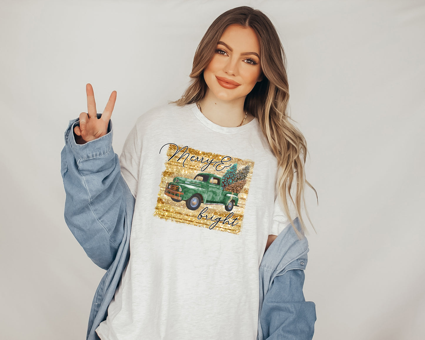 Merry & Bright Green Truck With Christmas Trees & Gold Background Tee