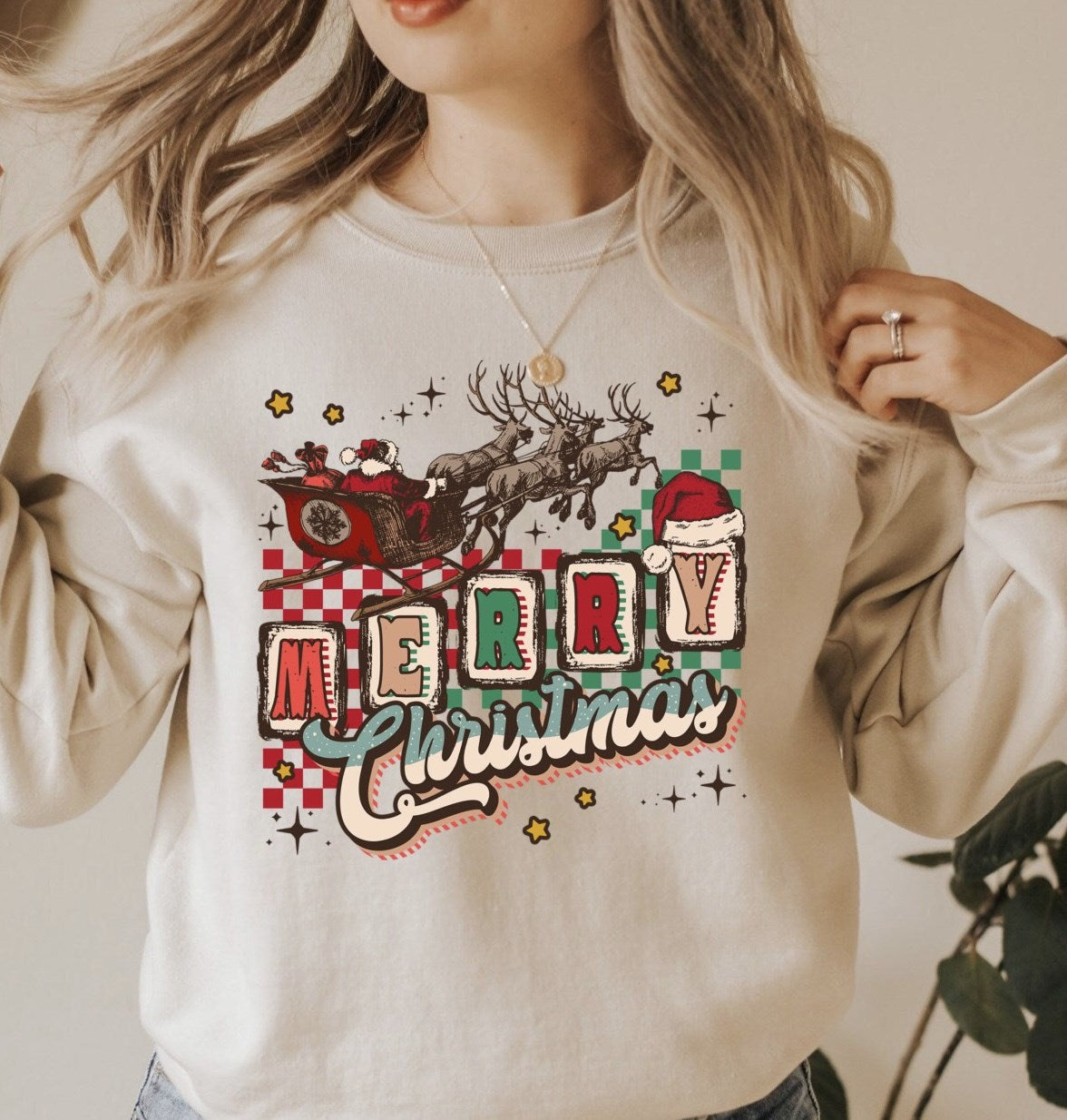 Merry Christmas Checkered Background With Santa Sleigh & Reindeer Crew Sweatshirt